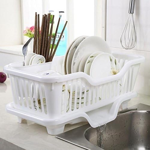 AJB 3 in 1 Plastic Kitchen Sink Dish Drainer Drying Rack Washing Holder Basket Organizer with Tray, Assorted Color