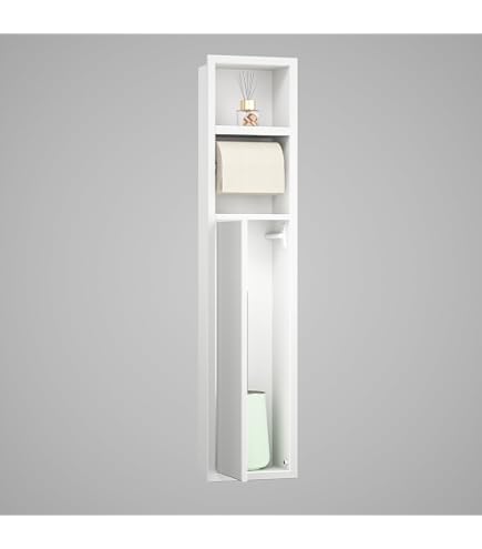 Stainless Steel Recessed Toilet Paper Holder & Storage Niche – 3-in-1 Bathroom Shelf With Hidden Trash Can, 80x18x12.5cm, Matte White