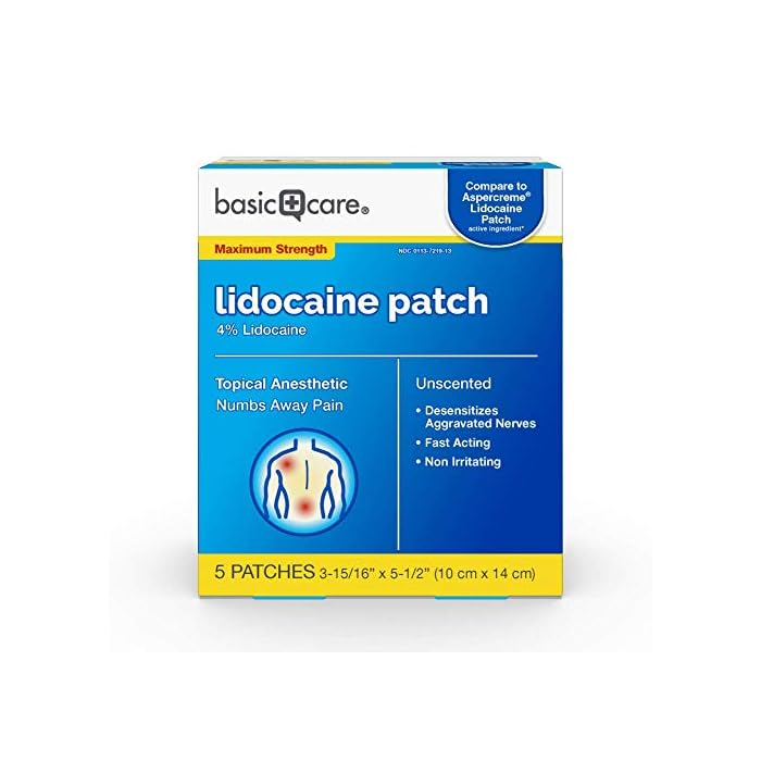 Amazon Basic Care Lidocaine Patch, 4% Lidocaine, Topical Anesthetic, Desensitizes Aggravated Nerves, 5 Count