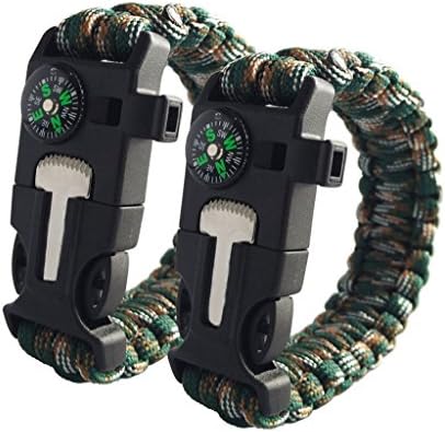 FIFUN Survival Paracord Bracelet – with Compass, Fire Starter,Knife, Whistle – Pack of 2