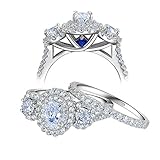 Newshe 1.8Ct Oval Three Stone White Cz Blue 925 Sterling Silver Wedding Engagement Ring Set