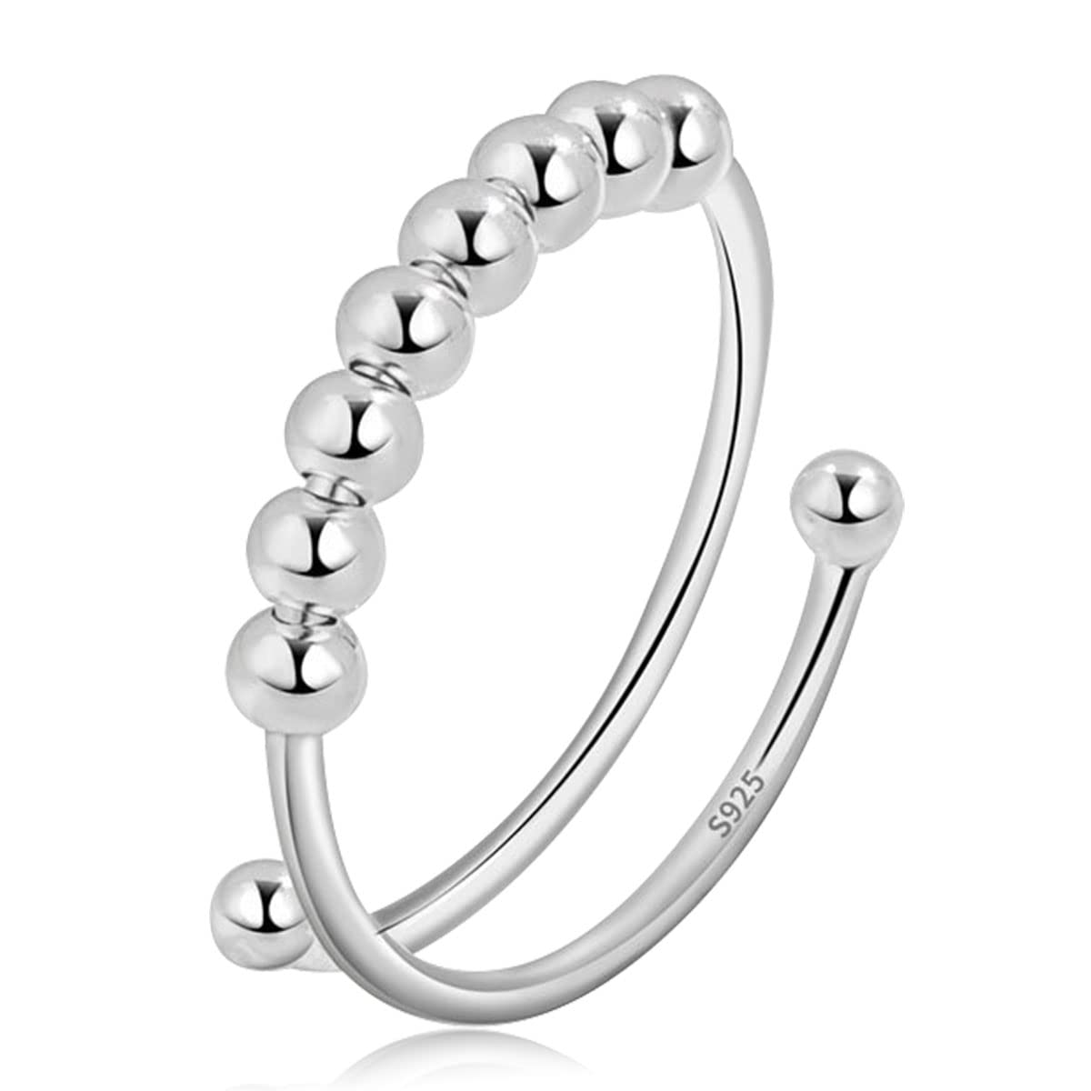 EUDORA Anxiety Ring for Women 925 Sterling Silver Fidget Ring for Anxiety Stress Reliever Spinner Ring Adjustable Rings Rotate beads Anxiety Relief Ring