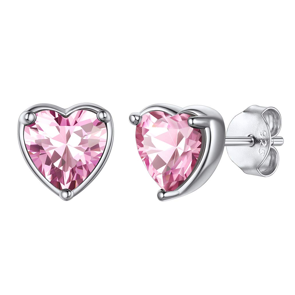 Silvora Sterling Silver Heart Stud Earrings for Women with Cubic Zirconia Birthstone Hypoallergenic Jewellery Gifts for Ladies Mum Girls