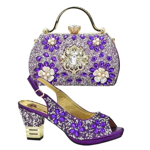 Women's Fashion Rhinestone Style Elegant Women's Shoes and Bag Set Purple 9.5