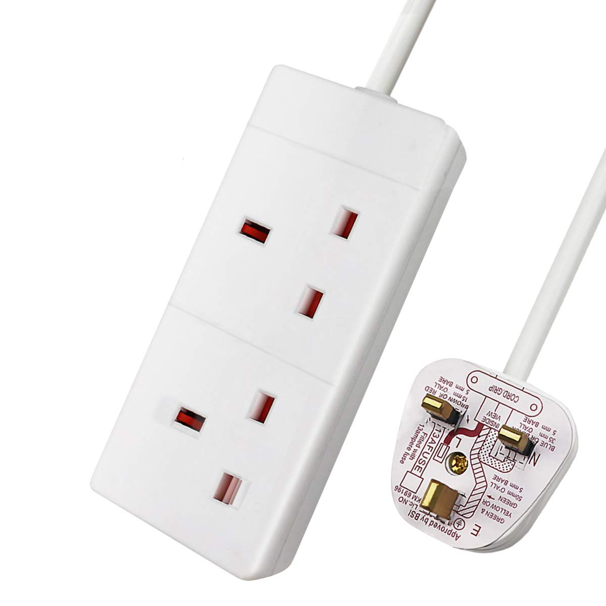 ExtraStar 2 Way Extension Lead, 13A Fused UK Plug Extension Socket, 3M Extension Cable Power Strip - White