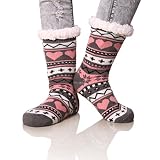 Dosoni Women's Snowflake Fleece Lining Knit Christmas Knee Highs Stockings Slipper Socks (Gray/Pink)