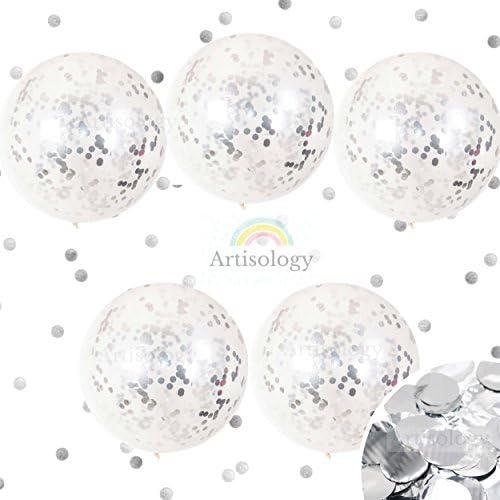Artisology Metallic Silver 36" Round Confetti Balloons |5 PACK| GLAM special event like birthday party, baby gender neutral or baby shower, bridal shower decorations (PREFILLED)