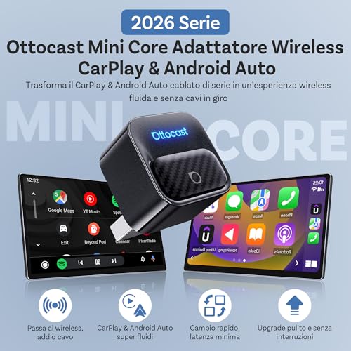 OTTOCAST Mini Core Adattatore Wireless 2 in 1 per CarPlay e Android Auto, Dongle Compatto con Wi-Fi 6 e Bluetooth 5.4, Pulsante Smart Switch, Connessione Automatica