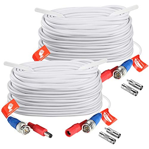 ZOSI 2 Pack 100ft (30 Meters) 2-in-1 Video Power Cable, BNC Extension Surveillance Camera Cables for Video Security Systems (Included 2X BNC Connectors and 2X RCA Adapters)-White Color