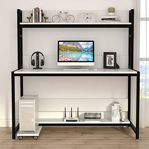 Tribesigns 55 Inches Large Computer Desk with Hutch, Modern Writing Desk with Bookshelf, PC Laptop Study Table Workstation for Home, White + Black Legs