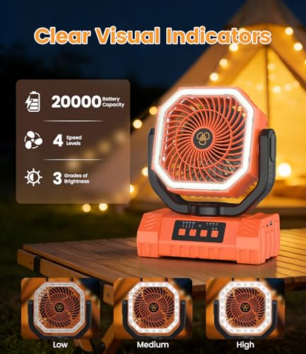 Portable Camping Fan with LED Light USB Rechargeable Fan 20000mAh - Battery Operated Silent Fan for Tent Travel Office Car - Mini Portable Fan with Hook and Base