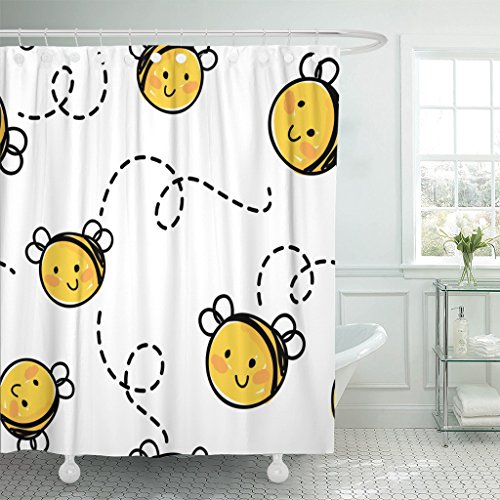 Emvency Fabric Shower Curtain Curtains with Hooks White Baby Bee Honey Cute Flying Happy Honeybee Cartoon Animal Bumblebee 66"X72" Waterproof Decorative Bathroom