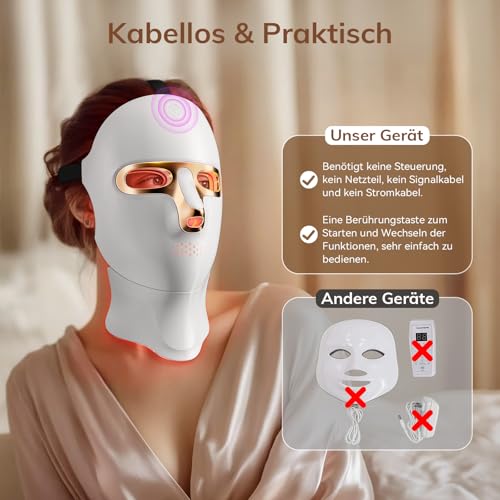 ONLUKY LED Face Mask Anti-Ageing, Rechargeable Red Light Therapy Mask Face with Infrared, USB-C Charging, 120 LED Beads, No Power Cable for Home, Travel and Yoga (Including Neck Attachment), Gold