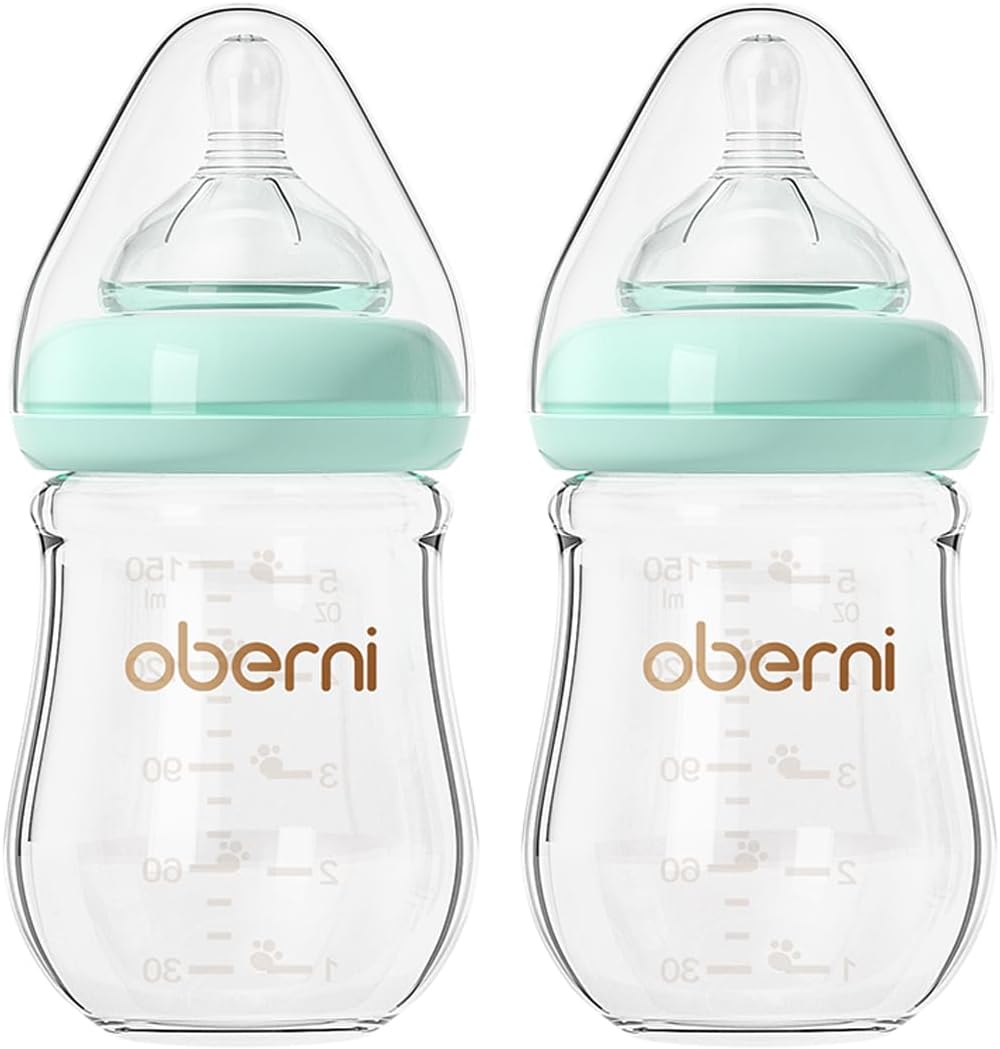 Oberni Anti-Colic Glass Baby Bottles 150ml Wide-Neck 0+ Months Blue 2 Pack
