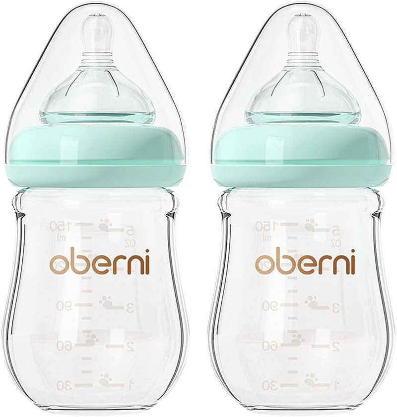 Oberni Anti-Colic Glass Baby Bottles 150ml Wide-Neck 0+ Months Blue 2 Pack
