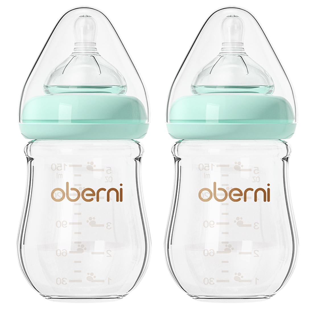 Oberni Anti-Colic Glass Baby Bottles with Slow Flow Breast-Like Silicone Teat, 150ml, 0+ Months, Wide-Neck, Blue/2Pack