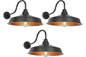 Diyel Gooseneck Barn Light Outdoor, 16 Inch Dome Large Farmhouse Exterior Light Fixture Wall Mount, Industrial Outdoor Wall Sconce Outside for House, Shop, Front Porch, Garage, Entryway, Gold, 3 Pack