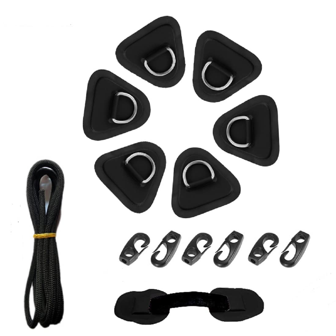 Photo 1 of 6 Packs Stainless Steel D Ring Patch for Inflatable Boat Kayak Dinghy SUP, D-Ring PVC Patch 8.5ft Strong Elastic Shock Rope with 6pcs Hooks SUP Kayak Stand Up Paddle Board Accessories (Black, 9cm)