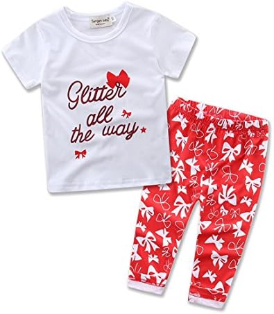 samgani baby Little Kids Girls Short Sleeve Letters Print T-Shirt and Bow Long Pants Outfit Baby Cotton Set 6M-3Y (100)