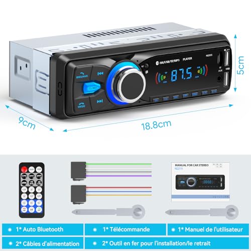 Autoradio Bluetooth, Wistrue Poste Radio Voiture Bluetooth avec Main Libre, FM 1 DIN Autoradio avec Port de Charge USB (2.1A), Lecteur MP3 et 2 USB/AUX/SD, Supporte WMA/WAV