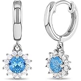 925 Sterling Silver Clear & Blue Cubic Zirconia Flower Dangle Hoop Earrings for Girls & Teens - Beautiful CZ Floral Jewelry for Nature Loving Little Girls - Adorable Flower Earrings
