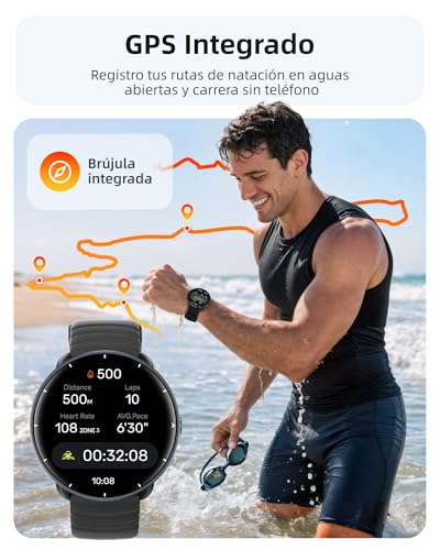 Parsonver Smart Watch for Men Women with Built-in GPS, 5 ATM Waterproof for Pool/Open Water, AMOLED Screen, 100+ Sports Built-in, Heart Rate and Sleep (Black, 42 mm)