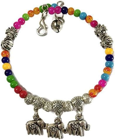 Unique Thai Circle Bracelet With Multicolor Beads And 3 Small Elephant And A Small Bell (21 cm., multicolor)