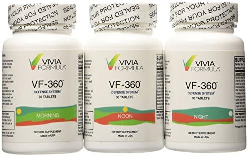 Vivia Formula - VF-360® Defense System - a revolutionary super-food, multi-vitamin and powerful anti-aging agent proudly made in the USA. VF-360 is formulated from 93 scientifically validated ingredients in an FDA approved cGMP facility. Unlike "regular" multi-vitamins, the VF-360 Defense System was designed to work with our body both day and night. To ensure this, the VF-360 Defense System comes in a balanced morning, noon and night package - 3 different bottles!
