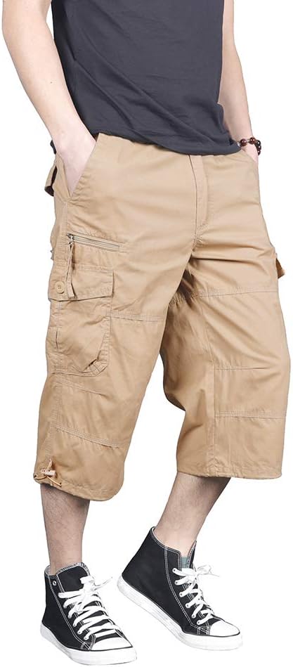 FEDTOSINGMen's 3/4 Long Cargo Shorts Loose Fit Elastic Waist Below Knee Work Tactical Shorts with Multi-Pockets