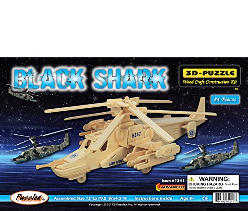 Puzzled Black Shark Helicopter Wooden 3D Puzzle 84 Interlocking Pieces Aircraft Woodcraft Construction Kit Easy to Build Chopper Gift w/ Instructions Inside Assembly Size 12'Lx10.5'Wx4.5'H