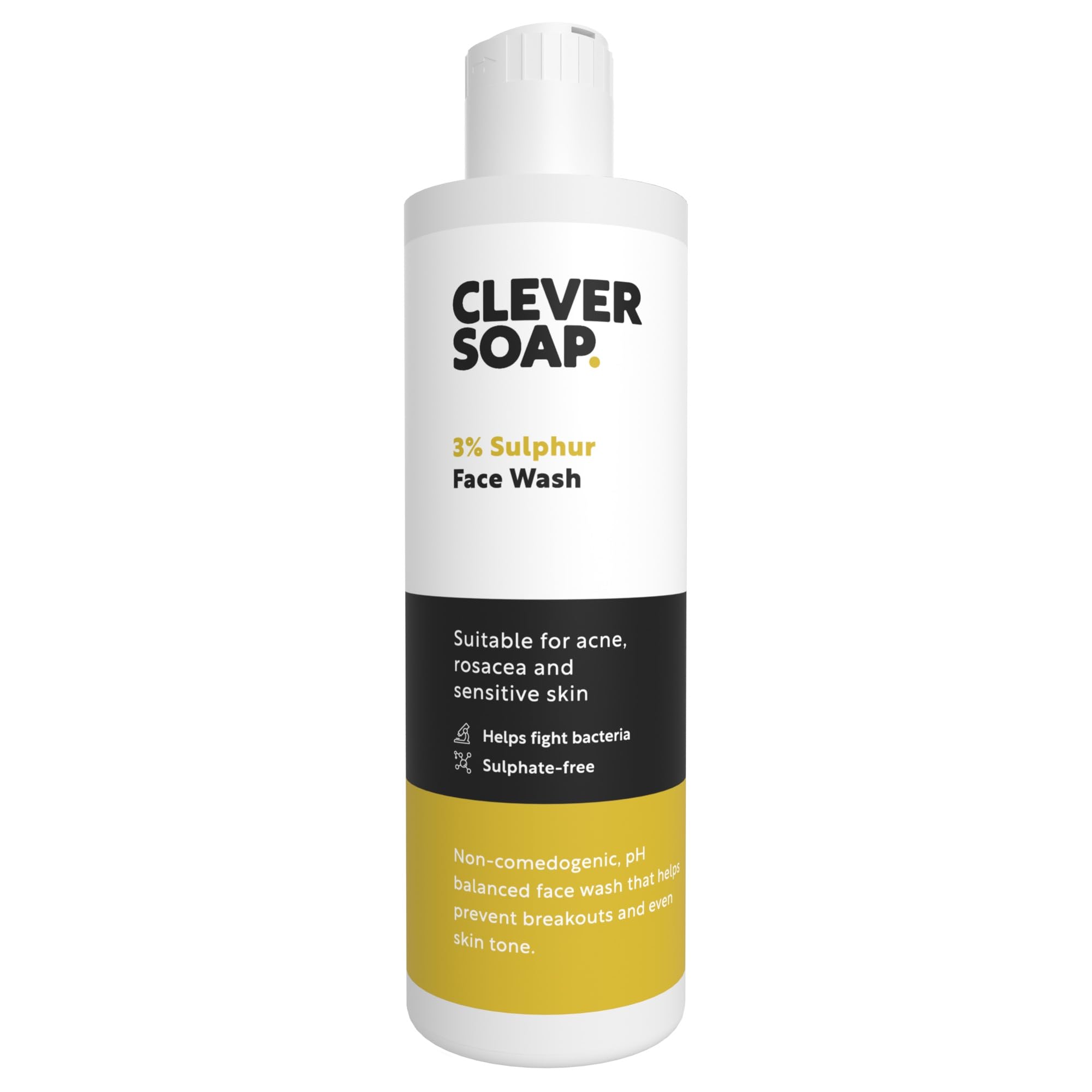 Clever Soap 3% Sulphur Face Wash - Exfoliating Blemish Control Cleanser - Antibacterial, Sensitive Sulfur Soap - Fragrance Free Moisturising Formula For Oily Skin - Men & Women