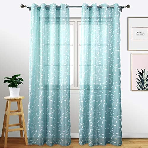 Eamior Sheer Curtains Voile Panels - Ring Top Floral Embroidered Panels for Living Room (2 Pieces, W52 x L84 inches Long, Teal)
