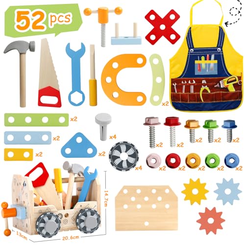 Wooden Car Tools Box, 39 Pieces Construction Games with Children's Apron, Tools Car Toys Children 2 Years Montessori Educational Games, Gift Boy Girls 2 3 4 Years