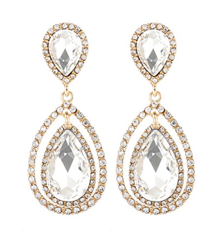 NLCAC Wedding Earrings Rose Gold Tear Drop Chanderlier Earrings for Bride (gold with clear crystal)