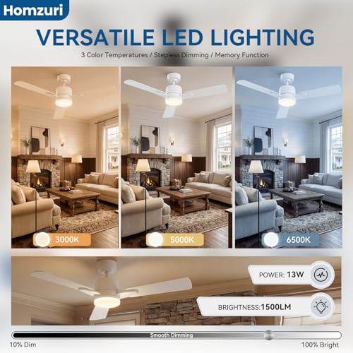 42" Ceiling Fan with Light and Remote, 6 Speed, Reversible Quiet DC Motor, 3CCT & Dimmable, Fast Install, Dual Finish 3 Blades Downrod Ceiling Fan with Lights for Bedroom, Living Room, Apartment