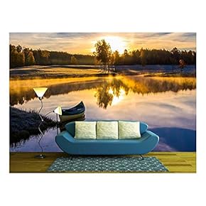 Sunrise Over The Lake with a Boat - Removable Wall Mural | Self-Adhesive Large Wallpaper - 66x96 inches