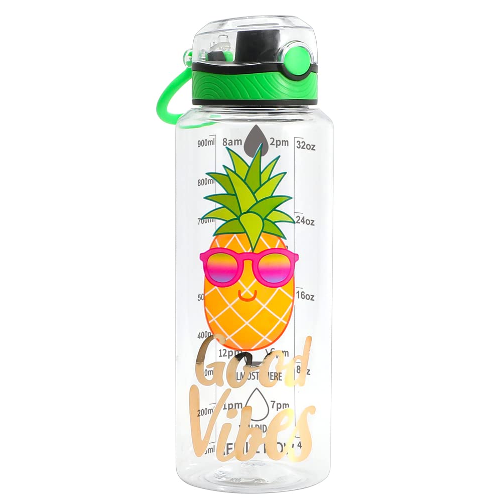 Home Tune Water Drinking Bottle (950ml) - Tritan BPA Free, Wide Mouth, Push-Button Flip Lid, Easy Open, Lightweight, Leak-Proof Water Bottle with Foil Print Design For Girls & Boys - Pineapple