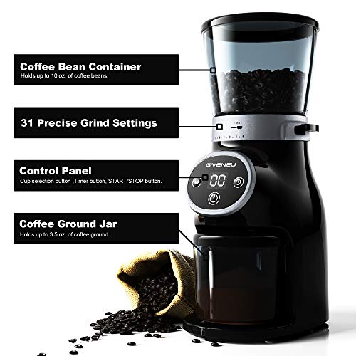Conical Burr Coffee Grinder, GIVENEU Electric Burr Mill Coffee Bean