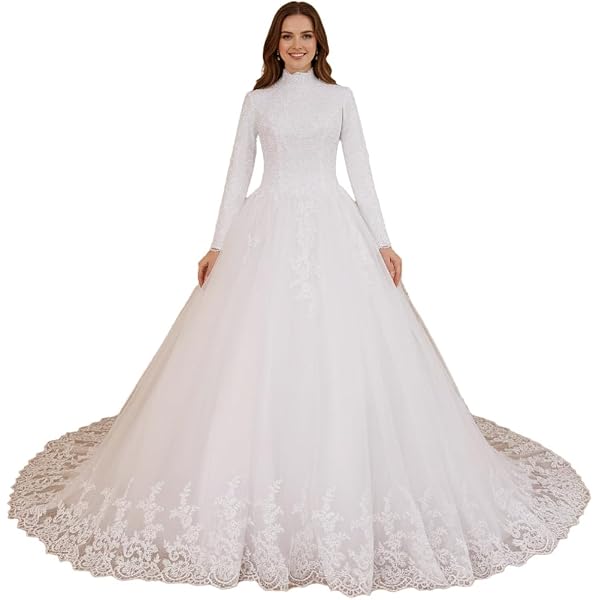 Elegant A line Wedding Dress Long Sleeve Lace Applique Bride Dress lace up  with Long Train AL-VL-240112 (US, Numeric, 2, Regular, Regular, Ivory) at  Amazon Women's Clothing store