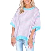 Women Striped Colorblock Oversized T Shirt Exposed Seam High Low Pullover Crewneck Short Sleeve Blouses Tops