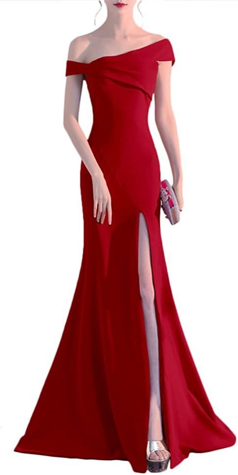 GURNALL Mermaid Off Shoulder Evening Dress Satin High Split Prom Cocktail Gown