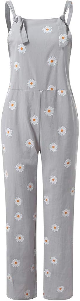 UOKNICE BLOUSE Women Daisies Print Romper Dressy Long Playsuit Knot Strap Button Jumpsuit: Clothing