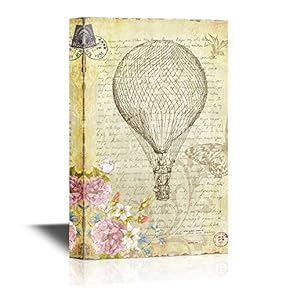 Canvas Wall Art - Round Hot Balloon on Vintage Letter Script Background - Gallery Wrap Modern Home Art | Ready to Hang - 12x18 inches