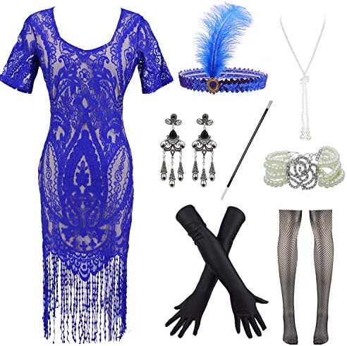 Womens Vintage Lace Fringed Gatsby 1920s Cocktail Dress with 20s Accessories Set