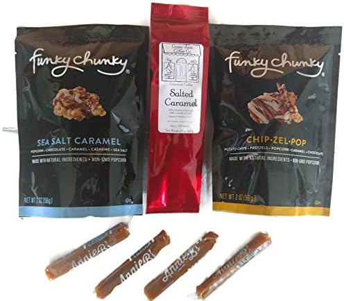 Coffee Maker Gift Set - Salted Caramel Ground Coffee, Funky Chunky Sea Salt Caramel Snack Chip-Zel-Pop with 4 Sea Salt Caramel Bundle Gift Set