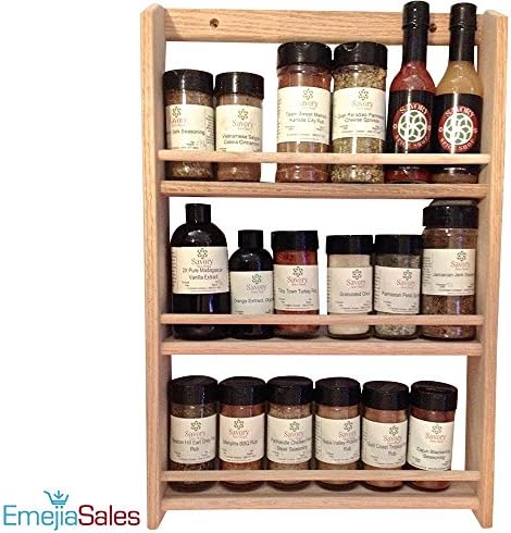 EMS Solid OAK Wood Spice Rack Organizer, 3 Tier Wall Mounted - Seasoning Storage for Pantry and Kitchen - Natural Finish (20.5"H x 13.75"W x 2.75"D)