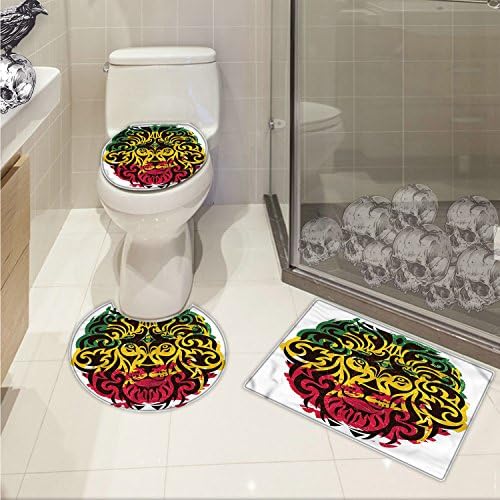 jwchijimwyc Rasta 3 Piece Toilet Cover set African Ethiopian Culture Wild Lion Head Grunge Style Flag Colors pattern Brown Marigold Pink and Green