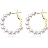 CERSLIMO Pearl Hoop Earrings for Women - 3 Pairs 14K Gold Plated & Sterling Silver Post Big Large Hoops 4mm Pearl Earrings Jewelry Gifts 20/30/40/50mm