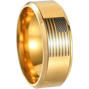 Renning Men's 8mm Stainless Steel Ring, High Polished Comfort Fit Wedding Band for Men with American Flag Engraved, Hypoaller
