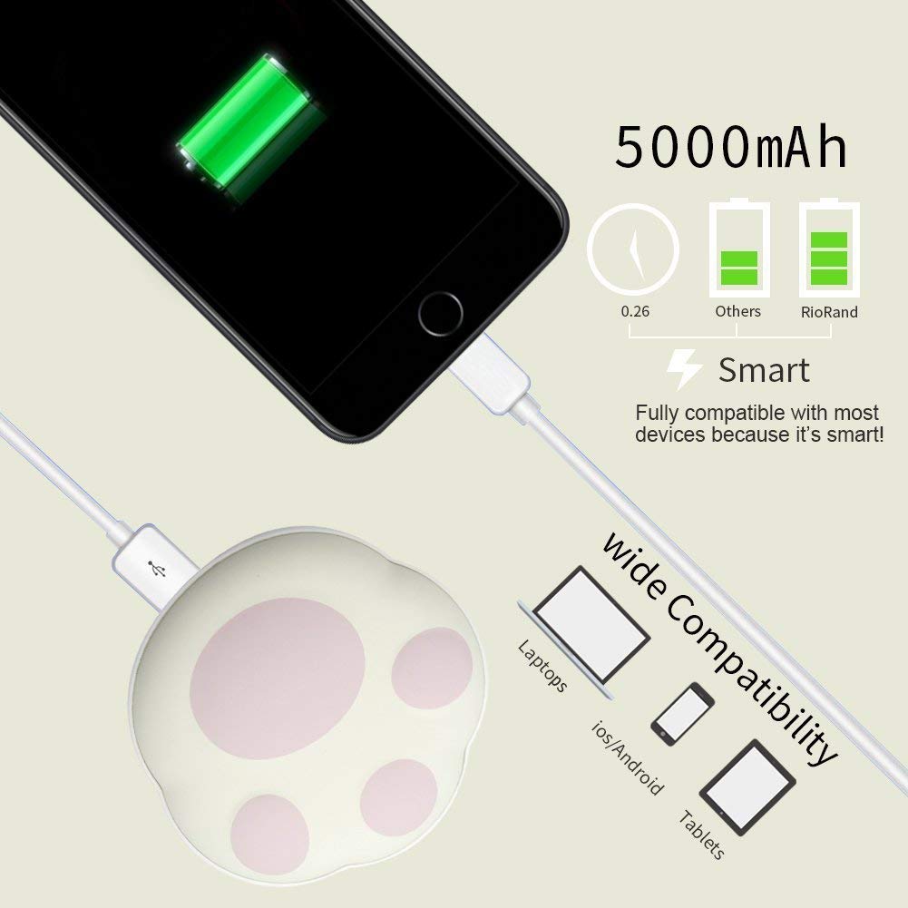 RioRand Scaldamani riutilizzabili USB Power Bank Batteria Portatile 5000 mAh 2 in 1 con Sacchetto di Velluto Migliore Regalo per Donne, Bambini (Rosa)